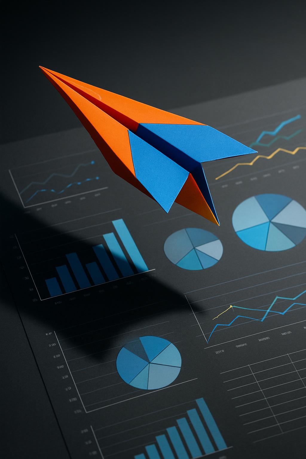 Plane made of orange and blue paper on a black paper with three pie charts featuring blue and a few yellow segments. Pie c...
