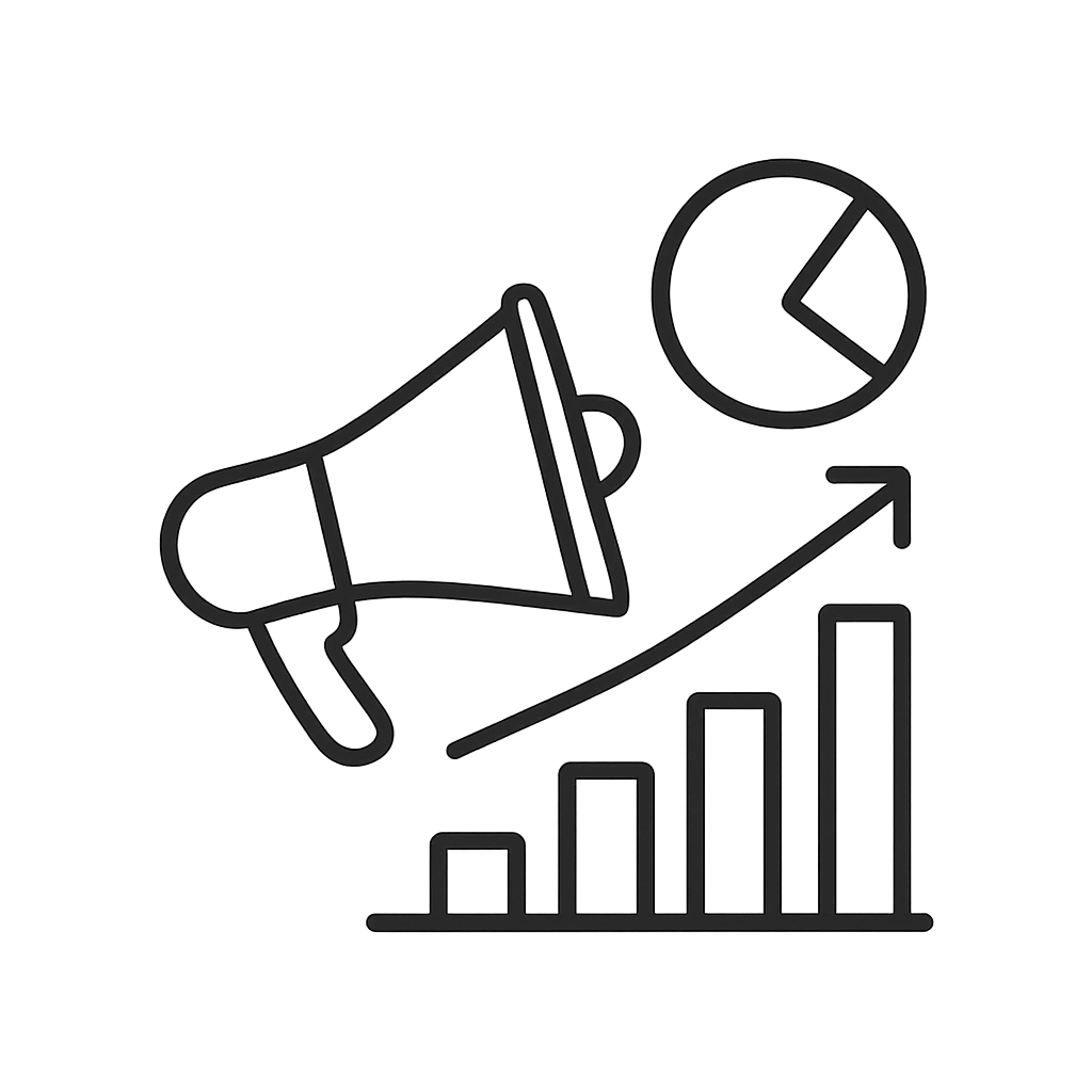 an upward trend chart, with an arrow and pie chart overlay, containing a megaphone icon.